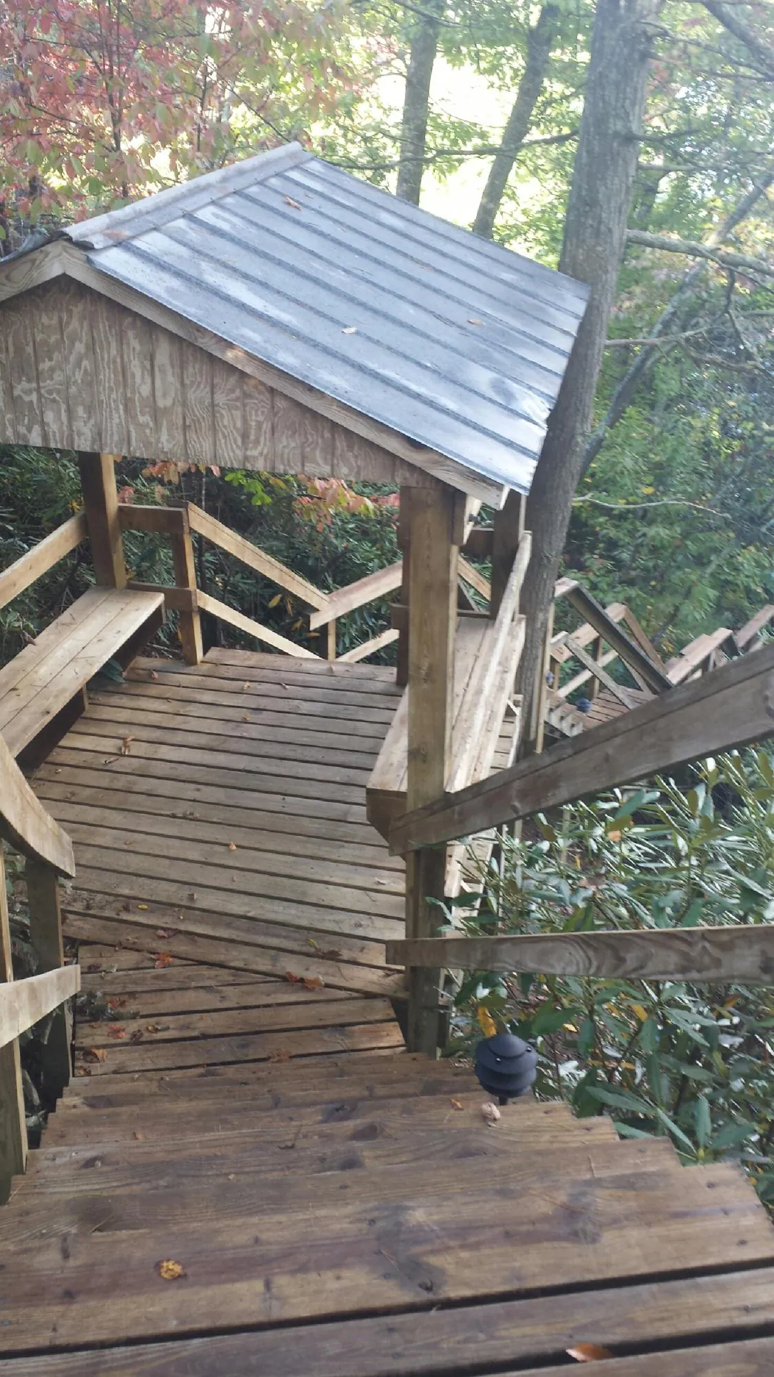 Metal roofed shelter over wooden steps on a wooded walkway — Skylight Repair & Installation work by our crew in Ackley